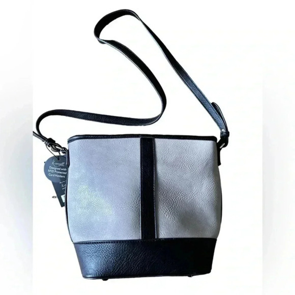 K Carroll Sabine gray and black crossbody bag, RFID-protected card sleeves NWT